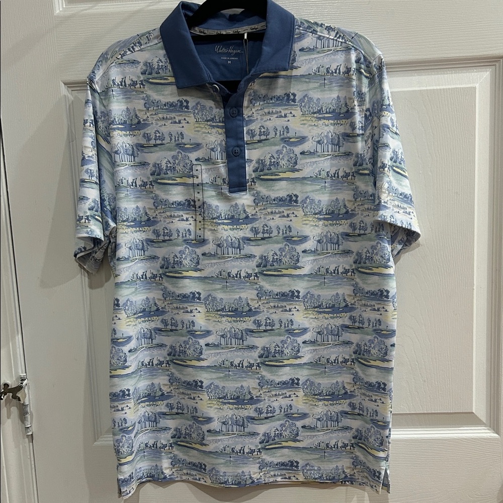NEW WAlter Hagen Clubhouse, Blue Scenic Print Polo Shirt